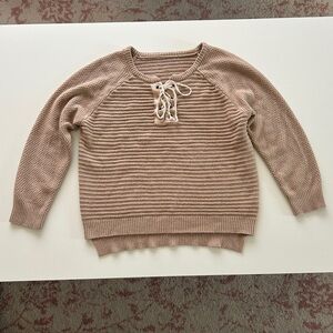 Women's Lace-Up Knit Sweater - Tan